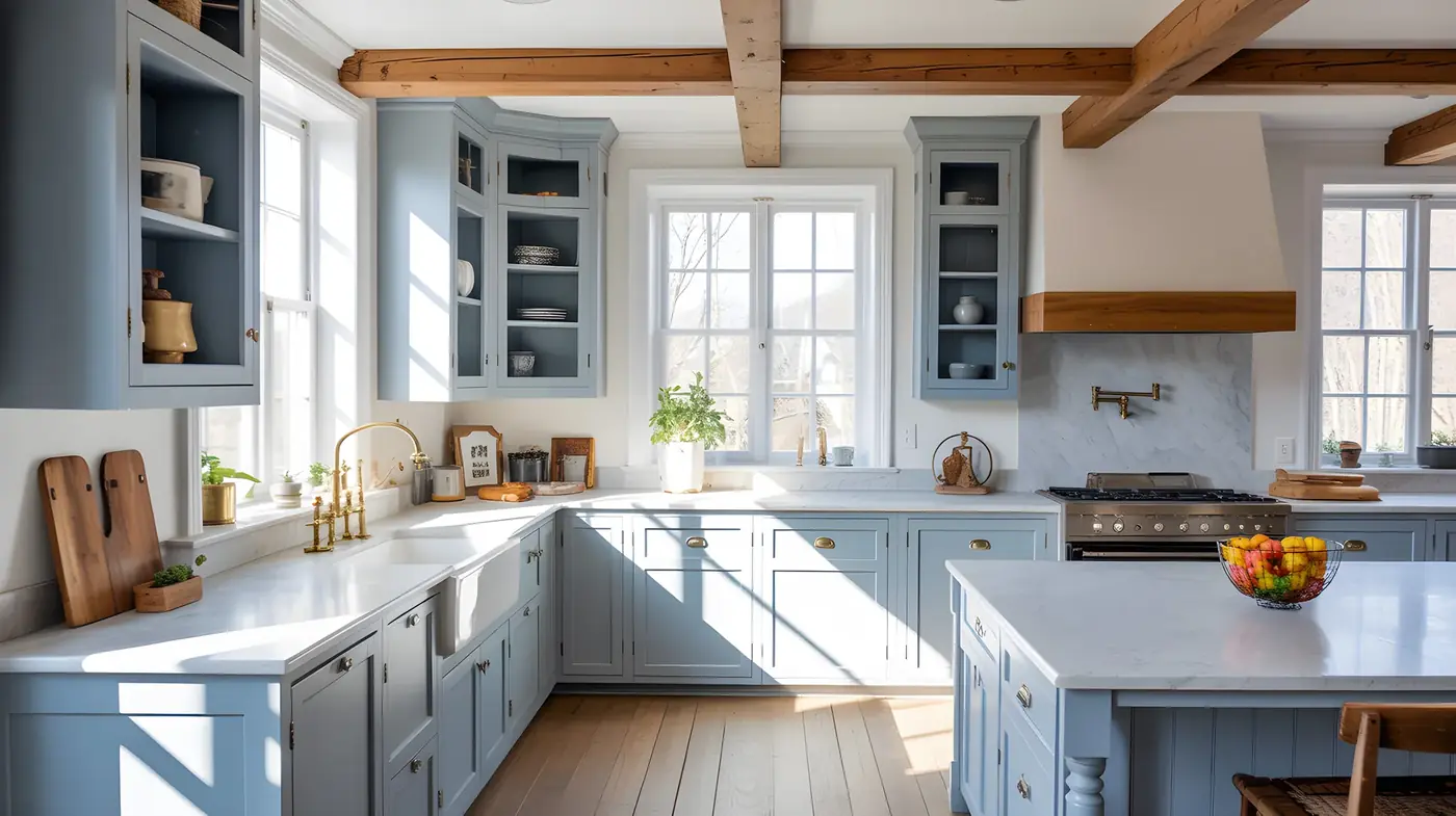 Bright kitchen with large windows used as a design reference image